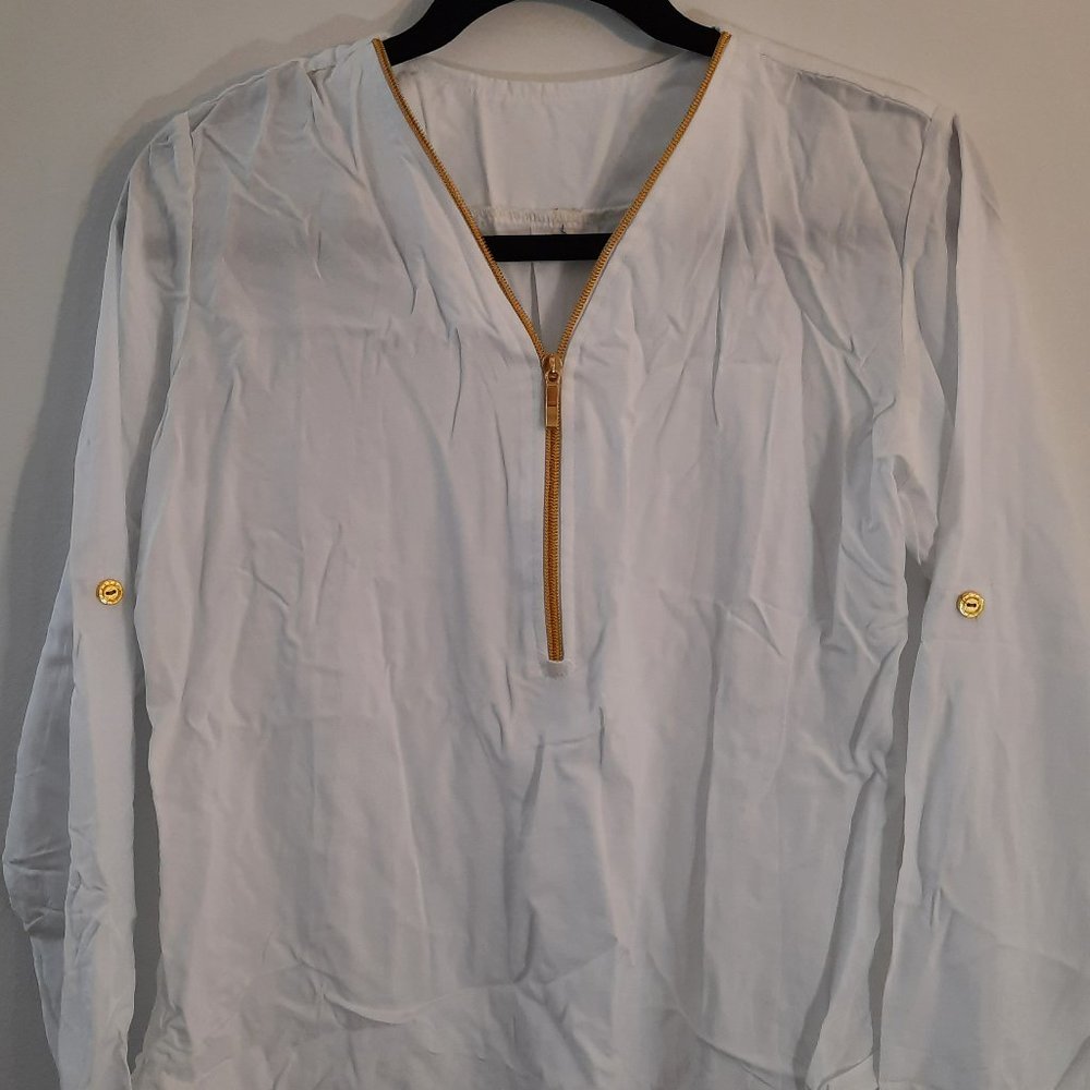 Long White Blouse Golden Zipper